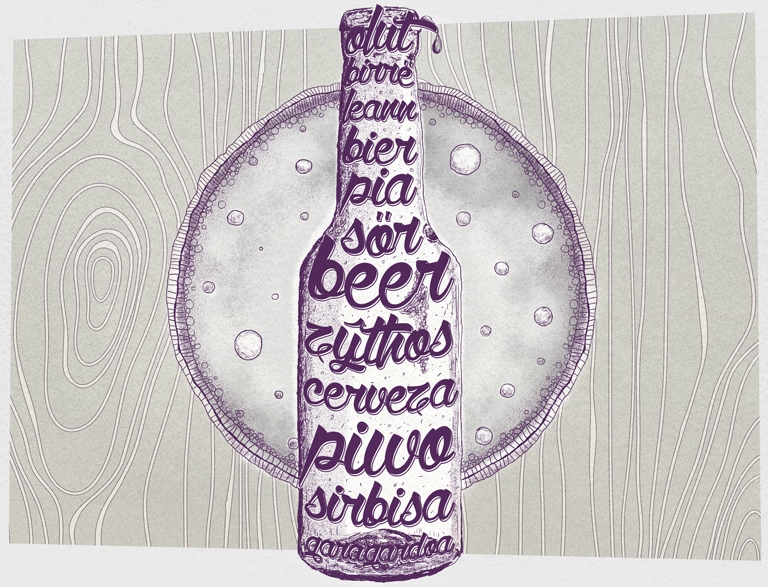 Multi-language beer bottle. Illustration by Xochitl Castaño.