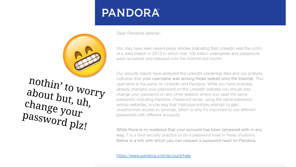 email to Pandora users after LinkedIn breach