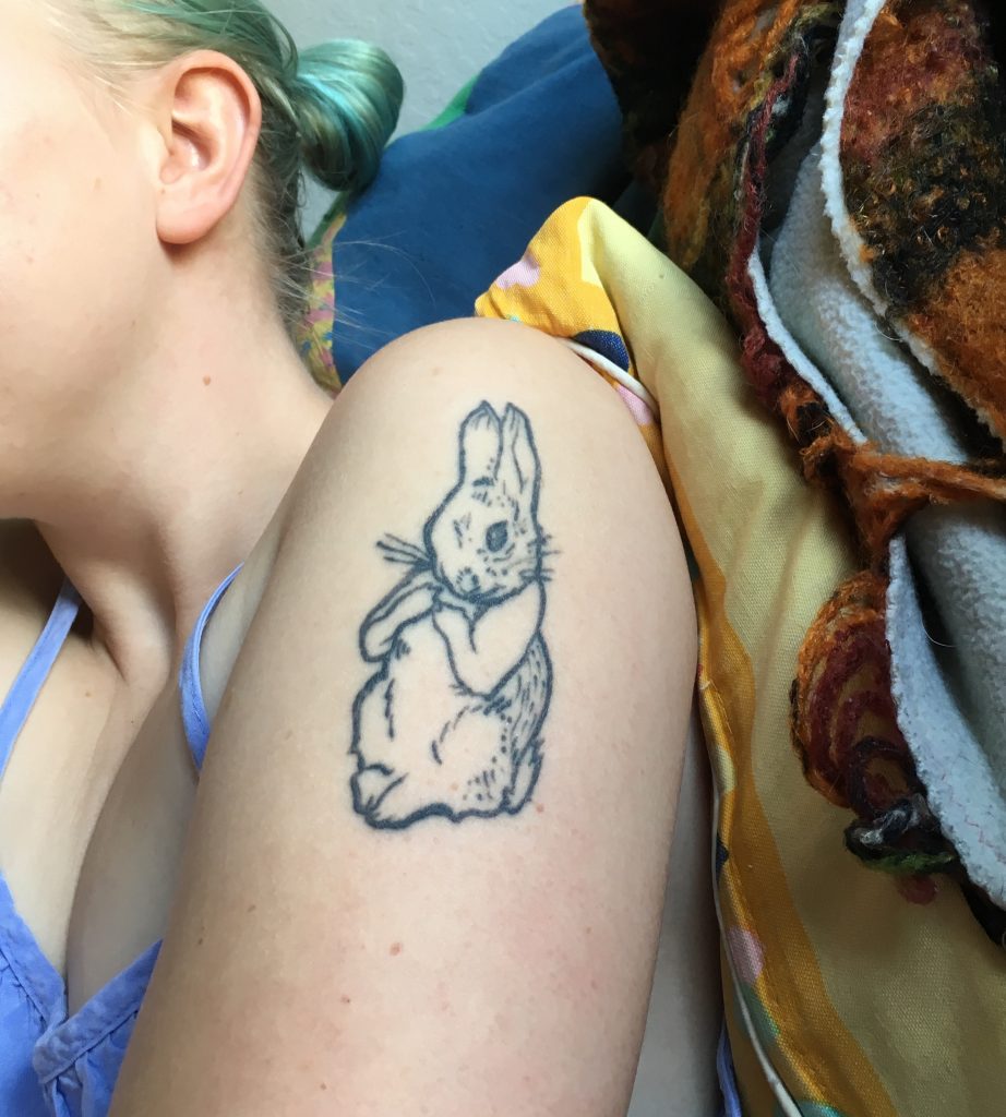 In the style of Beatrix Potter, drawn and tattooed by Stevie Varin.
